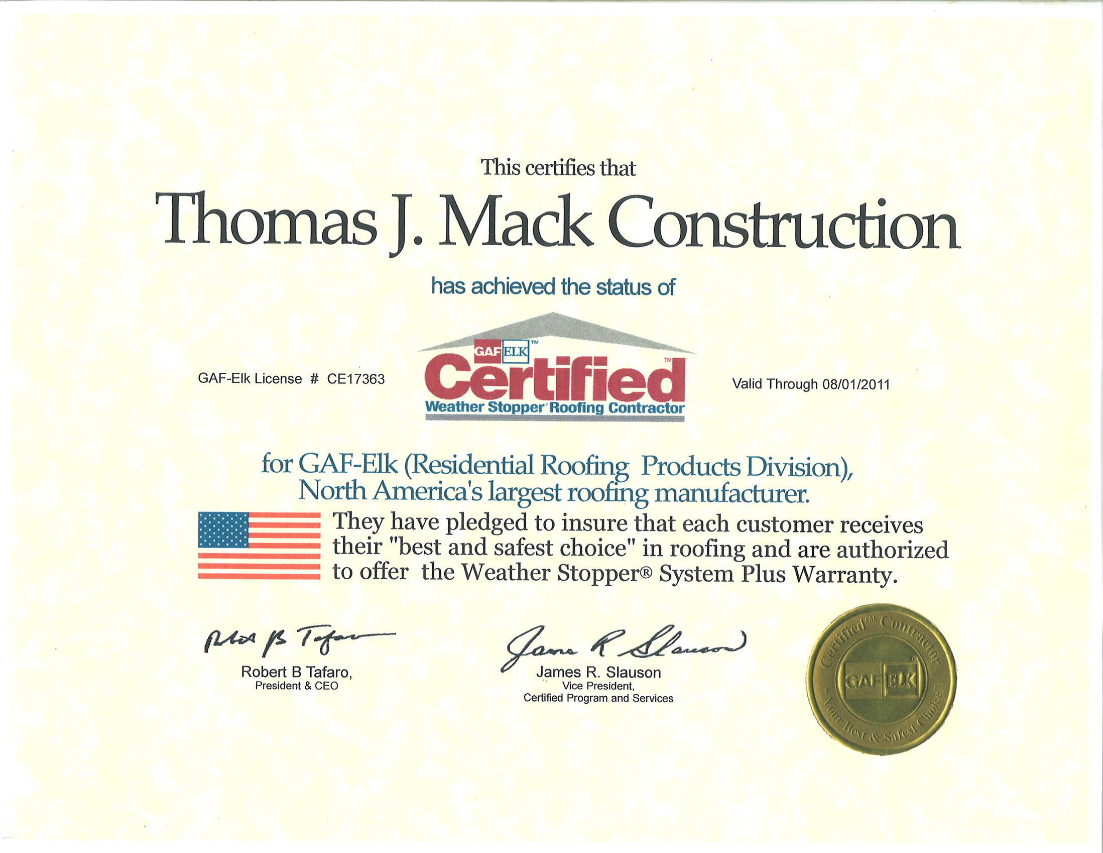 GAF-Elk Certified Roofing Contractor Certificate